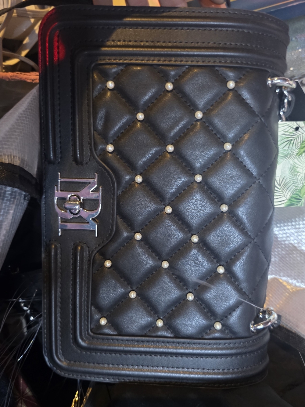 Badgley Mischka Black Quilted Crossbody with Pearl Studs